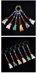Macro detail of chakra crystal bird keychains featuring natural gemstone carvings