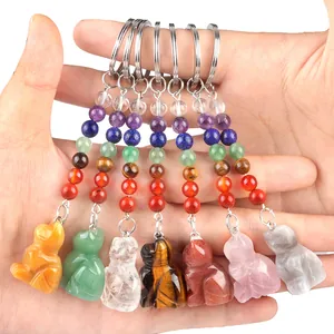 7 Chakra Helende Kristal Kat Sleutelhanger Voor Vrouwen Mannen Natuurlijke Amethist Rozenkwarts Tijgeroog Steen Gesneden Dier Sleutelring Sieraden