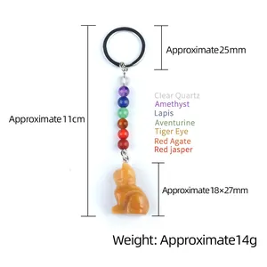 Kattensteen sleutelhanger met 7 chakra kristallen en stevige metalen sleutelring