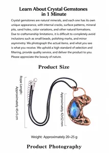Macro detail of irregular labradorite pendant with copper wire wrapping and size specs