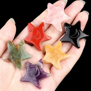 Natural Crystal Agate Stone Carved Smile Seastar Loose Stone Pentagram No Hole DIY Jewelry Making Craft Decoration Healing Stone