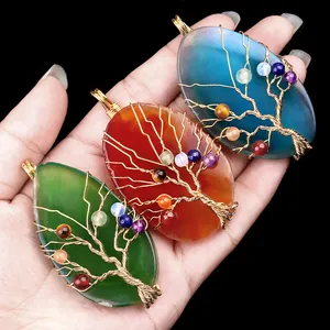 Tree Of Life Pendant Necklace Gold Wire Wrapped Natural Agate Slice Colorful Chakra Beads Vintage Healing Stone Ethnic Jewelry