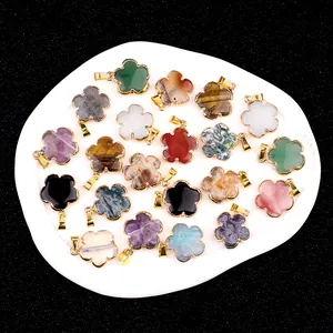 Mix of semi-precious natural stone flower pendants with gold-plated edges and bails