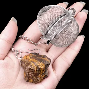 Infusore per Tè in Maglia di Acciaio Inossidabile 304 Con Ciondolo in Pietra Naturale Cristallo per Tè Sfuso Spezie Filtro Colino