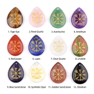 Colgantes gota de cristal natural con símbolo brújula vikinga Vegvisir en dorado