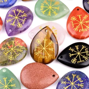 Colgantes de amatista y ojo de tigre con grabado Vegvisir dorado en forma de gota