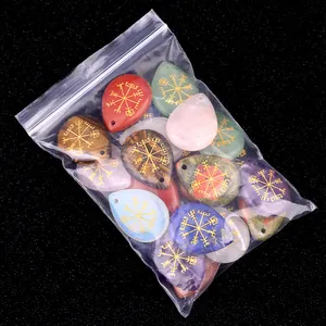 Colgantes de gota de piedras naturales con símbolo Vegvisir vikingo en varios minerales