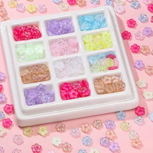 Colorful 5-petal acrylic flower bead set in a 12-slot storage box for DIY jewelry