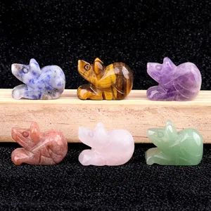 Set di sei figurine di topo intagliate in ametista naturale e pietra occhio di tigre