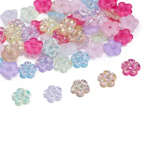 Macro detail of multi-color five-petal flower acrylic spacer beads with iridescent finish