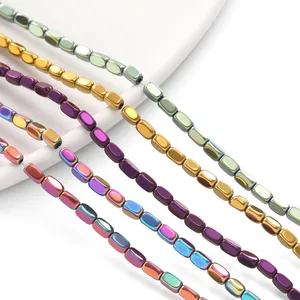 Macro view of multi-color faceted rectangular hematite beads for DIY jewelry making