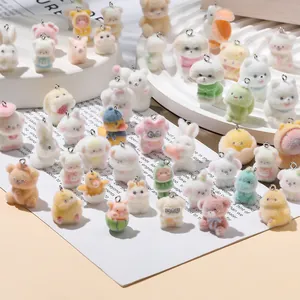 Kawaii Cartoon Animal Flocked Charms Fluffy Fox Bear Dog Pendants For DIY Keychain Bag Decoration Jewelry Making Accessories