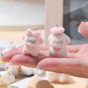 Cute flocked cat and bear mini charms with silver rings for DIY jewelry and bag decoration