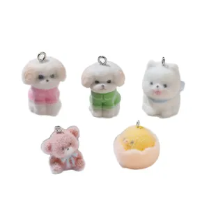 Set of five cute flocked animal pendants including bear and puppy with metal rings