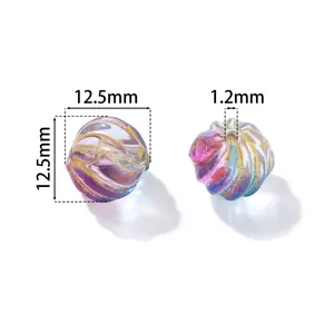 Iridescent glass beads with gold stripes, watermelon shape, 12.5mm size for DIY jewelry