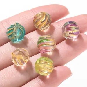 Iridescent glass watermelon beads with gold sand spiral texture for DIY jewelry making