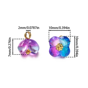Blue-purple gradient glass four-petal flower pendant with 10mm gold metal core center