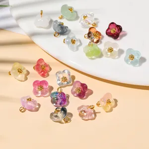 Transparent Colored Glaze Four Petal Flower Pendant Handmade DIY Jewelry Findings Alloy Copper Glass Flower Charms