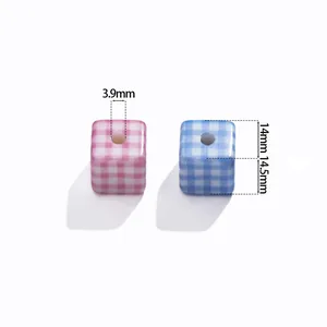 Square acrylic beads with pink and blue checkered patterns for DIY craft jewelry making