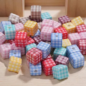 Acrylic Plaid Cube Loose Beads 14mm Gingham Checkered Square DIY Beads For Jewelry Making Necklace Bracelet Accessory