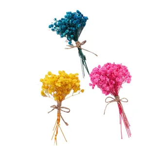 Mini bouquets de gypsophile séchée colorée bleu jaune et rose avec ficelle de jute