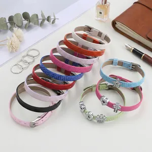 Adjustable 8mm snake pattern PU leather wristbands with rhinestone charms in multiple colors