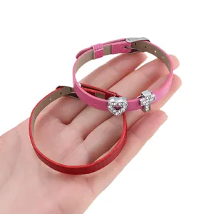 Adjustable 8mm snakeskin texture PU leather wristbands with heart and cross charms
