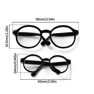 Size comparison of two round black doll glasses frames with clear lenses for plush toys