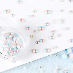 Detail of aurora gradient half-round pearls for nail art and DIY craft decorations