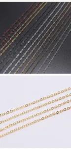 Detailed macro of flat O-link jewelry chains in multiple metallic colors for DIY crafts
