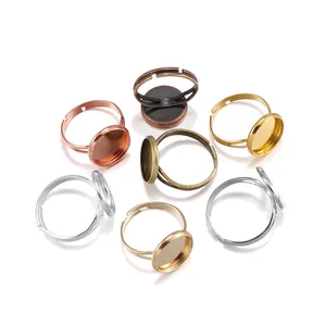 DIY jewelry making kit featuring adjustable round blank ring bases in multiple metal colors