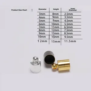Detailed size chart for multi-color copper tassel end caps with diameter and height specs