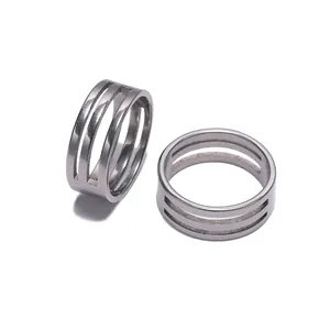 Detail view of two stainless steel rings with a unique triple-layer open design
