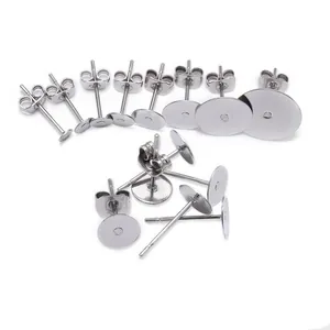 Golden stainless steel flat head earring posts with butterfly backs in various sizes
