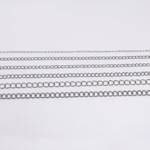 Detail view of six silver stainless steel chain styles for DIY jewelry making and necklaces
