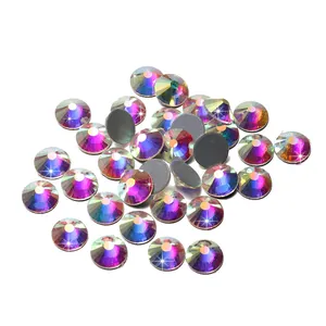 Macro shot of AB iridescent flatback rhinestones with multifaceted glass cutting detail