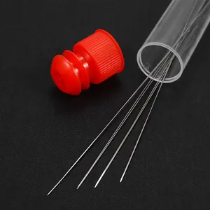 DIY beading needle set with long metal needles and a transparent storage tube with red cap