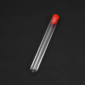 Close-up of a clear plastic storage tube with a red screw cap for beading needles