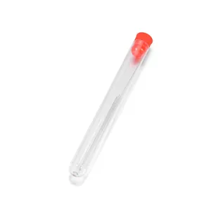 Detailed view of clear storage tube with red screw cap holding beaded needles