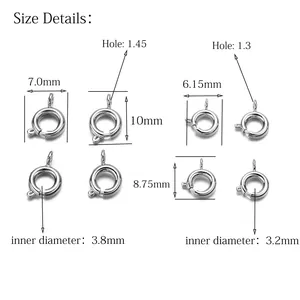 Detailed size chart for spring ring jewelry clasps showing multiple metal dimensions