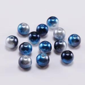 Gradient blue and silver ABS imitation round pearls with holes for DIY jewelry making