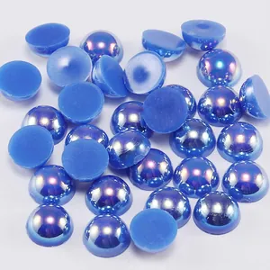 Demi-perles acryliques bleues AB iridescentes à dos plat pour nail art et bijoux