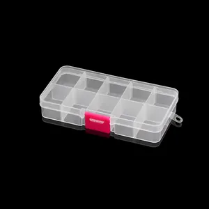 Detailed view of a 10-compartment clear plastic jewelry box with a pink snap closure