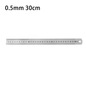 Macro detail of a 30cm thick stainless steel ruler with 0.5mm precise scale and hanging hole