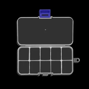 Transparent 10-compartment jewelry storage box with blue buckle on black background