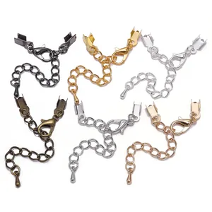 Detailed view of metal extender chains and lobster clasps in six assorted metallic colors