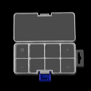 Detalle macro de caja de almacenamiento de 8 rejillas con cierre azul y fondo negro