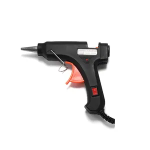 Detailed side view of 20W hot melt glue gun with orange trigger and 110-240V power switch