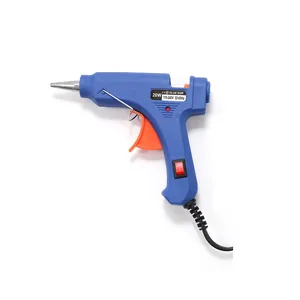 20W blue hot melt glue gun showing technical specs, trigger, and folding stand details