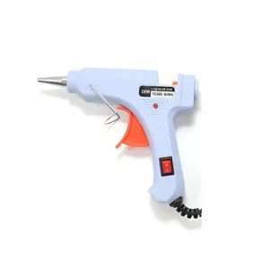 Detail view of the 20W hot melt glue gun side panel showing power specs and power switch
